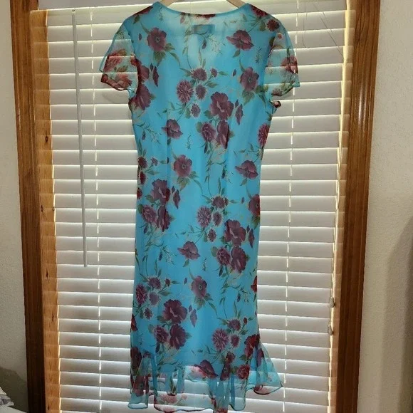 Megan Lee Sundress women Midi blue Flutter‎ Sleeves vNeck Lined boho flirt 16P - Picture 12 of 12